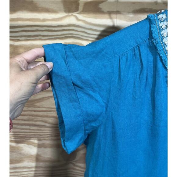 Chico's 100% Linen Embellished Cap Sleeve Dress Tiered Teal Green Midi Size 14 - Picture 6 of 12